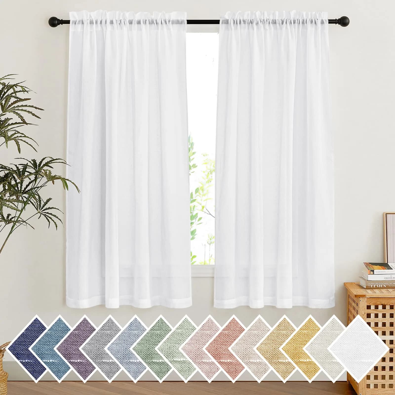 NICETOWN Sheer Linen Curtains Natural Style, W66 x L63 | Privacy & Elegant Linen Look — Pure White / 52"W x 63"L