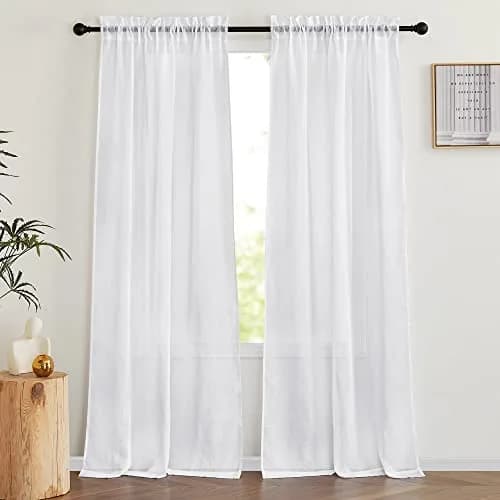 NICETOWN White Linen Curtains 84 inch Length | Semi Sheer Linen Blend Window Drapes thumbnail 1