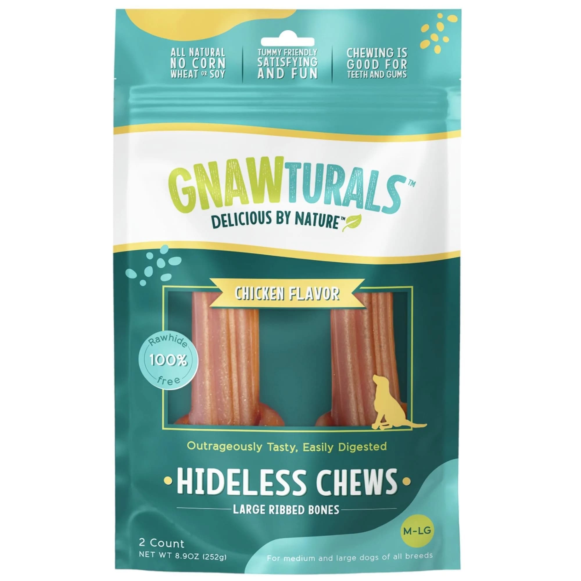 Gnawturals Rawhide Free Dog Chews | Ribbed Bones | for Large - Extra Large Dogs | Pumpkin, Psyllium Husk & Chicory Root (2 Bones, Chicken)