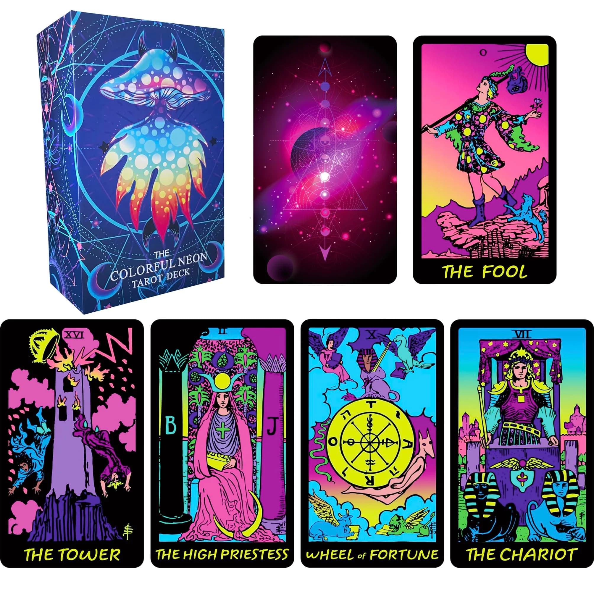Jrskvaro Colorful Neon Tarot Cards Deck with Guidebook for Beginners | 78 Classic Cards & Meanings — Colorful