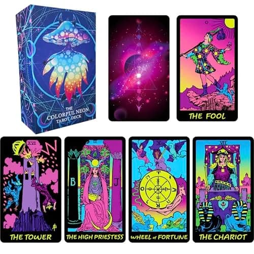 Jrskvaro Colorful Neon Tarot Cards Deck with Guidebook for Beginners | 78 Classic Cards & Meanings thumbnail 1