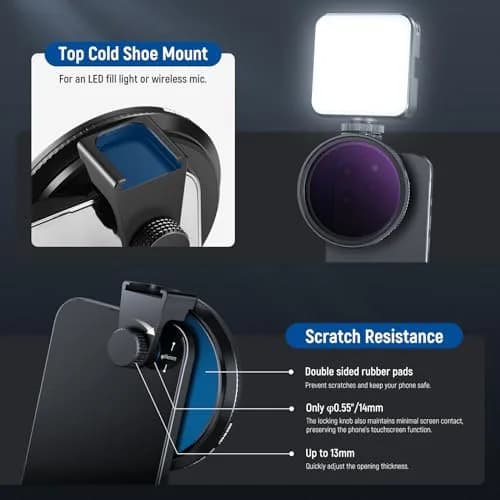 NEEWER 67mm Variable ND2-ND32 Phone Lens Filter Kit with Cold Shoe Clip | 1 to 5 Stops Light Reduction thumbnail 5