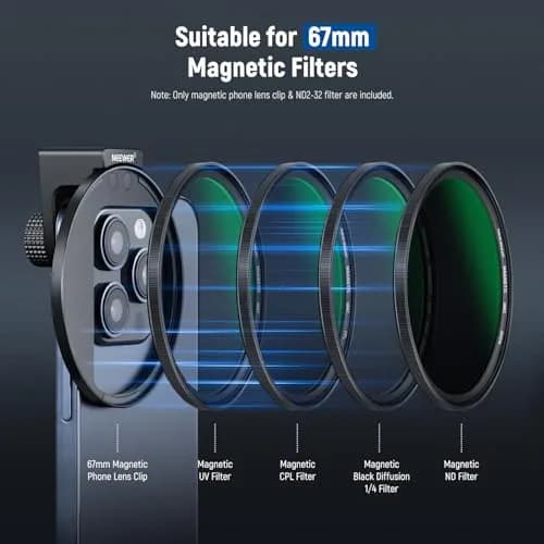 NEEWER 67mm Variable ND2-ND32 Phone Lens Filter Kit with Cold Shoe Clip | 1 to 5 Stops Light Reduction thumbnail 7