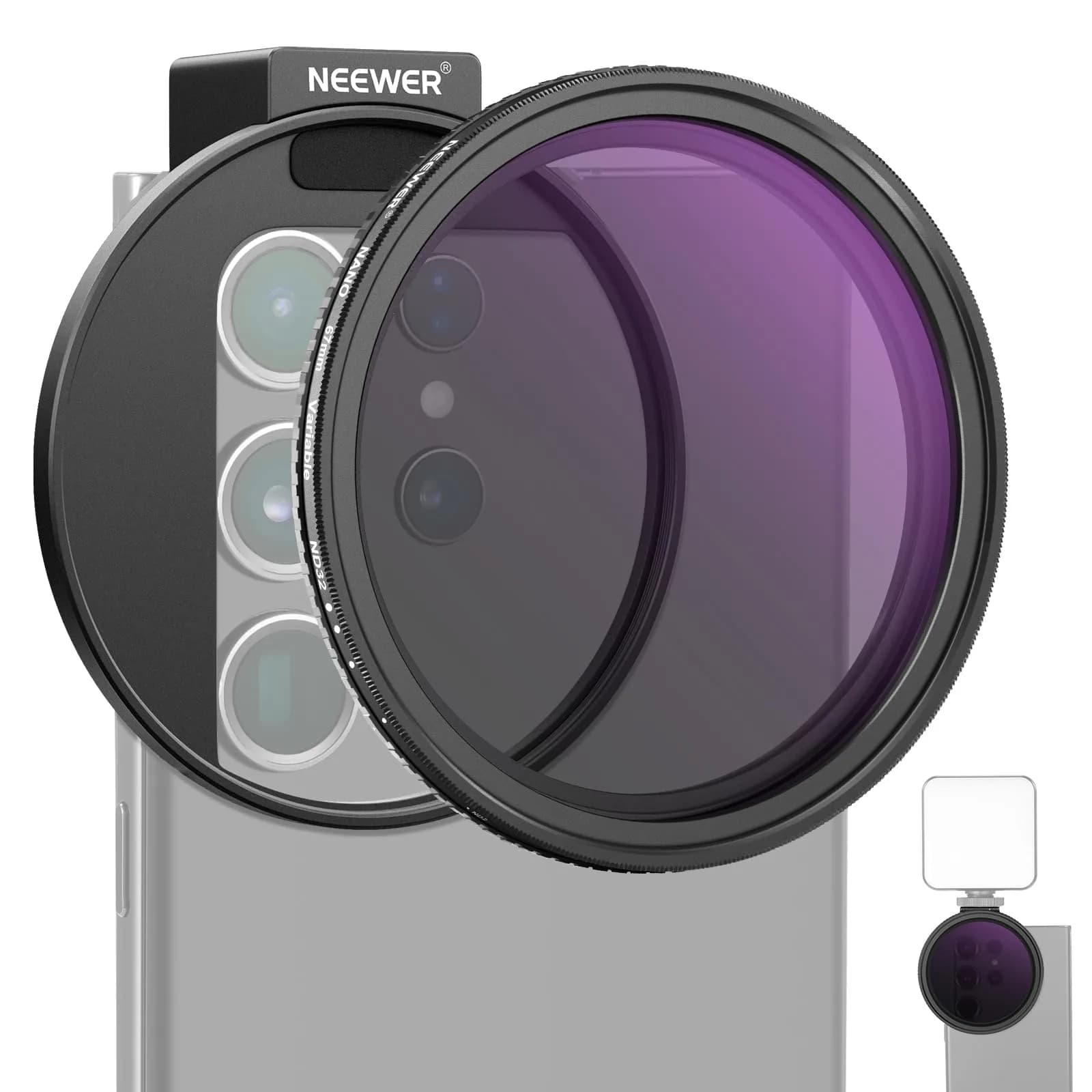 NEEWER 67mm Variable ND Filter Kit with Cold Shoe Phone Clip, ND2-32 (1-5 Stops) for iPhone 17-13 Pro Max Android Samsung Galaxy S24-S22 Ultra, 67mm Threaded Adapter Ring - main product image