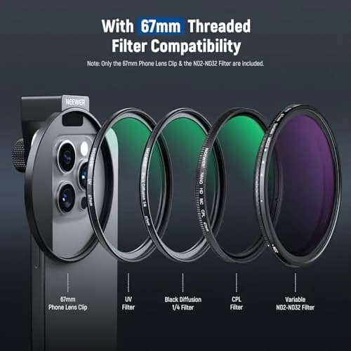 NEEWER 67mm Variable ND Filter Kit with Cold Shoe Phone Clip, ND2-32 (1-5 Stops) for iPhone 17-13 Pro Max Android Samsung Galaxy S24-S22 Ultra, 67mm Threaded Adapter Ring thumbnail 4