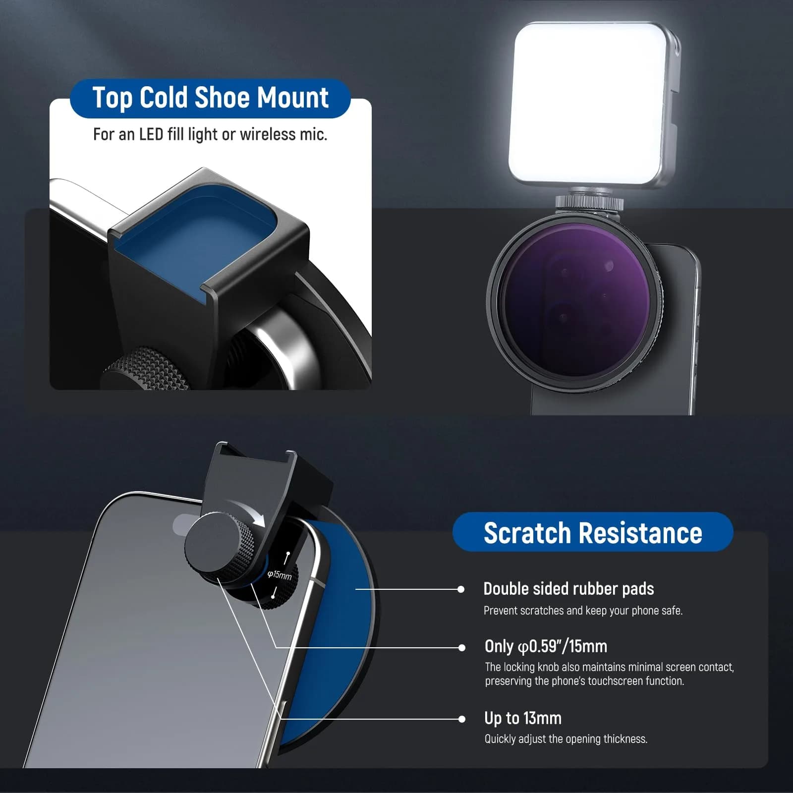 NEEWER 67mm Variable ND Filter Kit with Cold Shoe Phone Clip, ND2-32 (1-5 Stops) for iPhone 17-13 Pro Max Android Samsung Galaxy S24-S22 Ultra, 67mm Threaded Adapter Ring - view 5