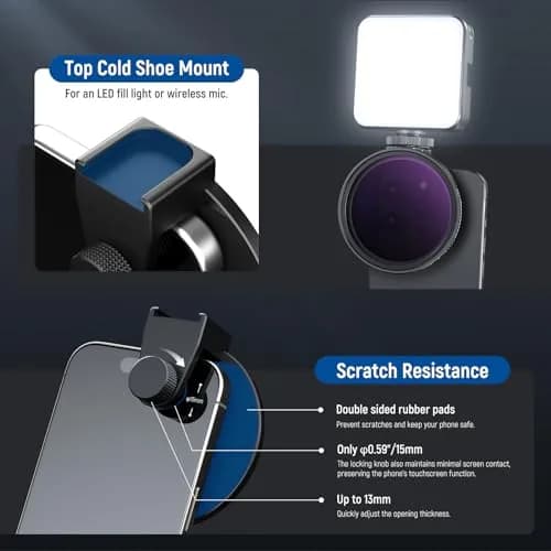 NEEWER 67mm Variable ND Filter Kit with Cold Shoe Phone Clip, ND2-32 (1-5 Stops) for iPhone 17-13 Pro Max Android Samsung Galaxy S24-S22 Ultra, 67mm Threaded Adapter Ring thumbnail 5