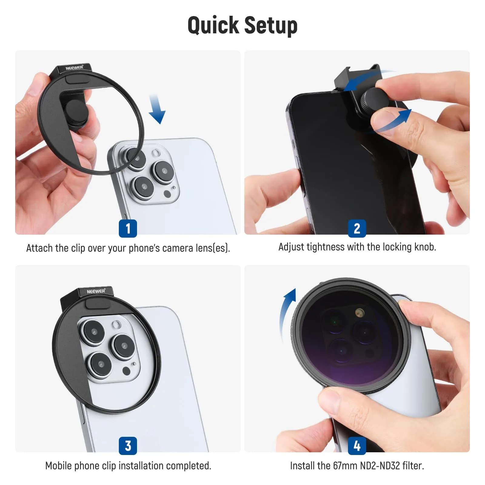 NEEWER 67mm Variable ND Filter Kit with Cold Shoe Phone Clip, ND2-32 (1-5 Stops) for iPhone 17-13 Pro Max Android Samsung Galaxy S24-S22 Ultra, 67mm Threaded Adapter Ring - view 7