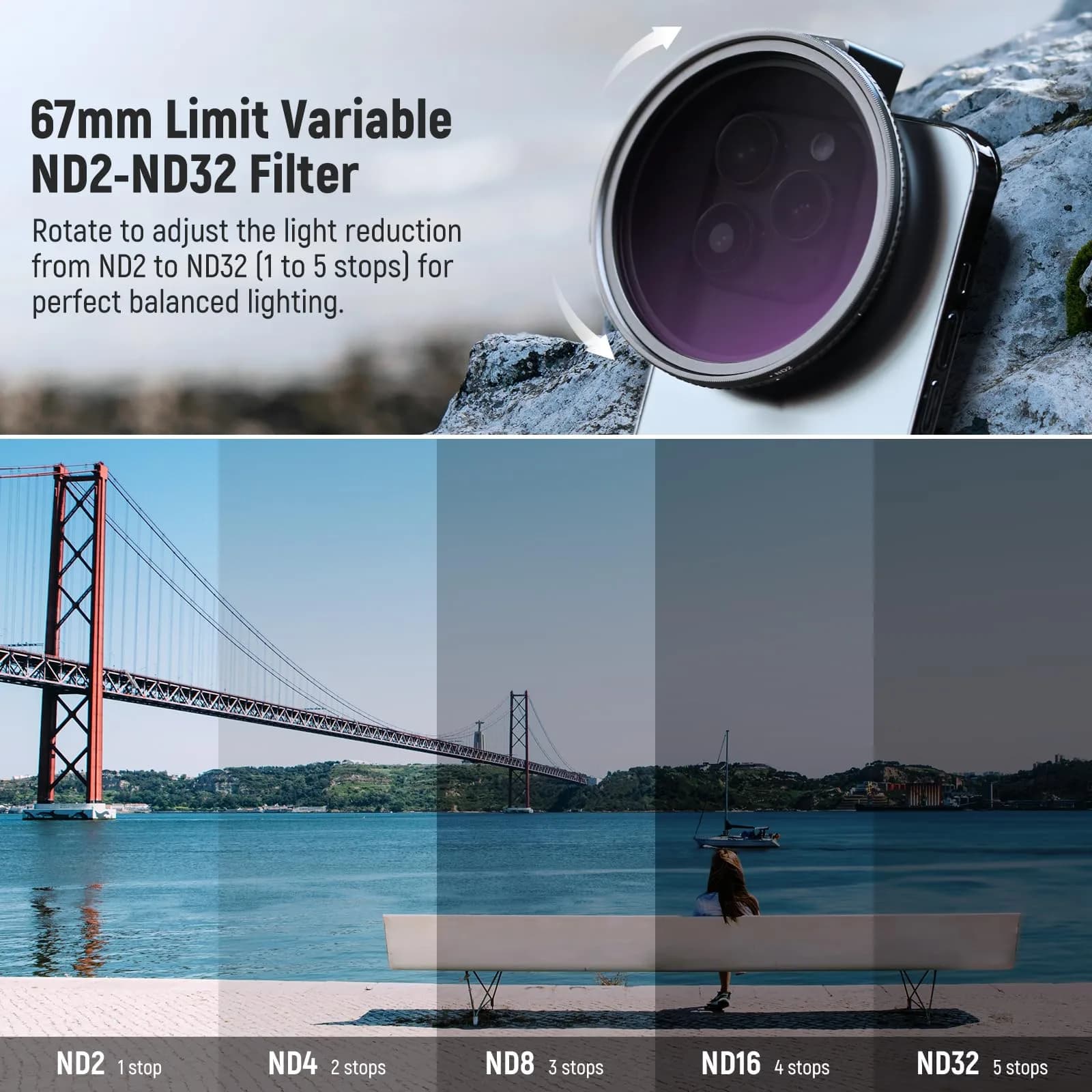 NEEWER 67mm Variable ND Filter Kit with Cold Shoe Phone Clip, ND2-32 (1-5 Stops) for iPhone 17-13 Pro Max Android Samsung Galaxy S24-S22 Ultra, 67mm Threaded Adapter Ring - view 2