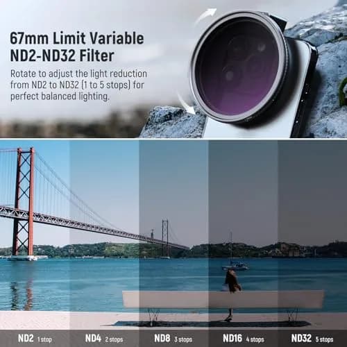 NEEWER 67mm Variable ND Filter Kit with Cold Shoe Phone Clip, ND2-32 (1-5 Stops) for iPhone 17-13 Pro Max Android Samsung Galaxy S24-S22 Ultra, 67mm Threaded Adapter Ring thumbnail 2