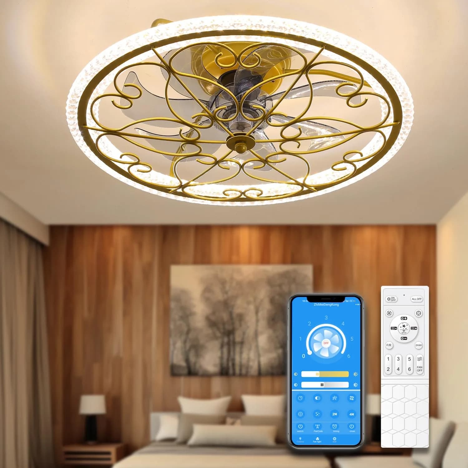 lifeholder Low Profile Ceiling Fan with Lights Remote 20" | Dimmable Vintage Gold Ceiling Fan — Gold