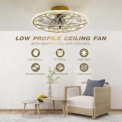 lifeholder Low Profile Ceiling Fan with Lights Remote 20" | Dimmable Vintage Gold Ceiling Fan thumbnail 2