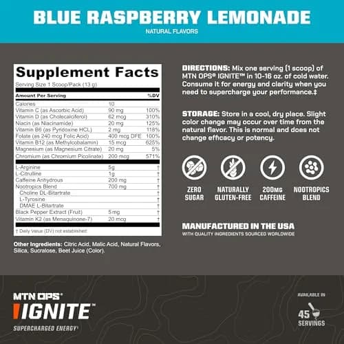MTN OPS Ignite Energy Powder, Zero Sugar, Blue Raspberry Lemonade | Gluten-Free, 45 Servings, USA Import thumbnail 2