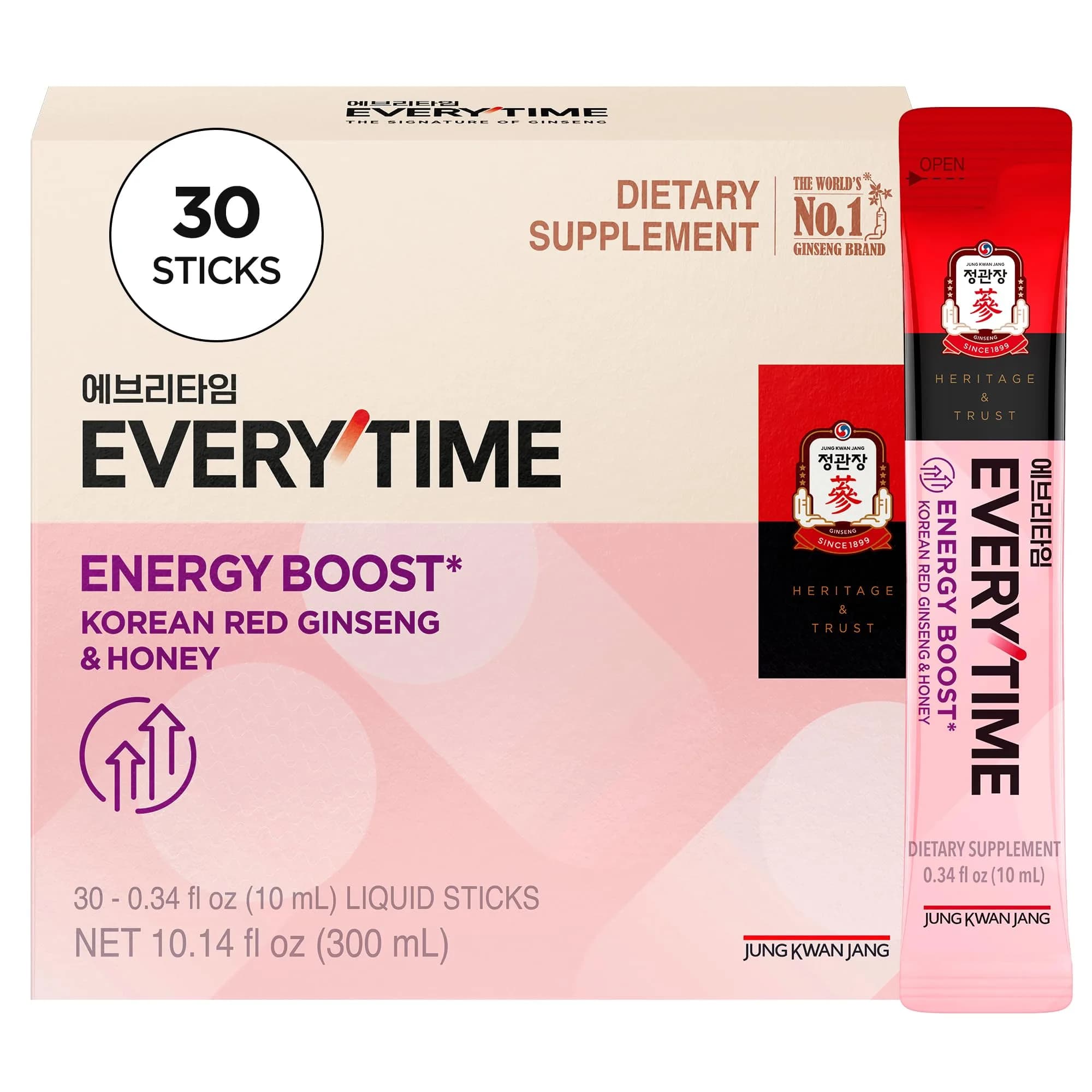 JUNG KWAN JANG Everytime Energy Boost Korean Red Ginseng & Honey 30 Sticks | Supports Energy & Memory