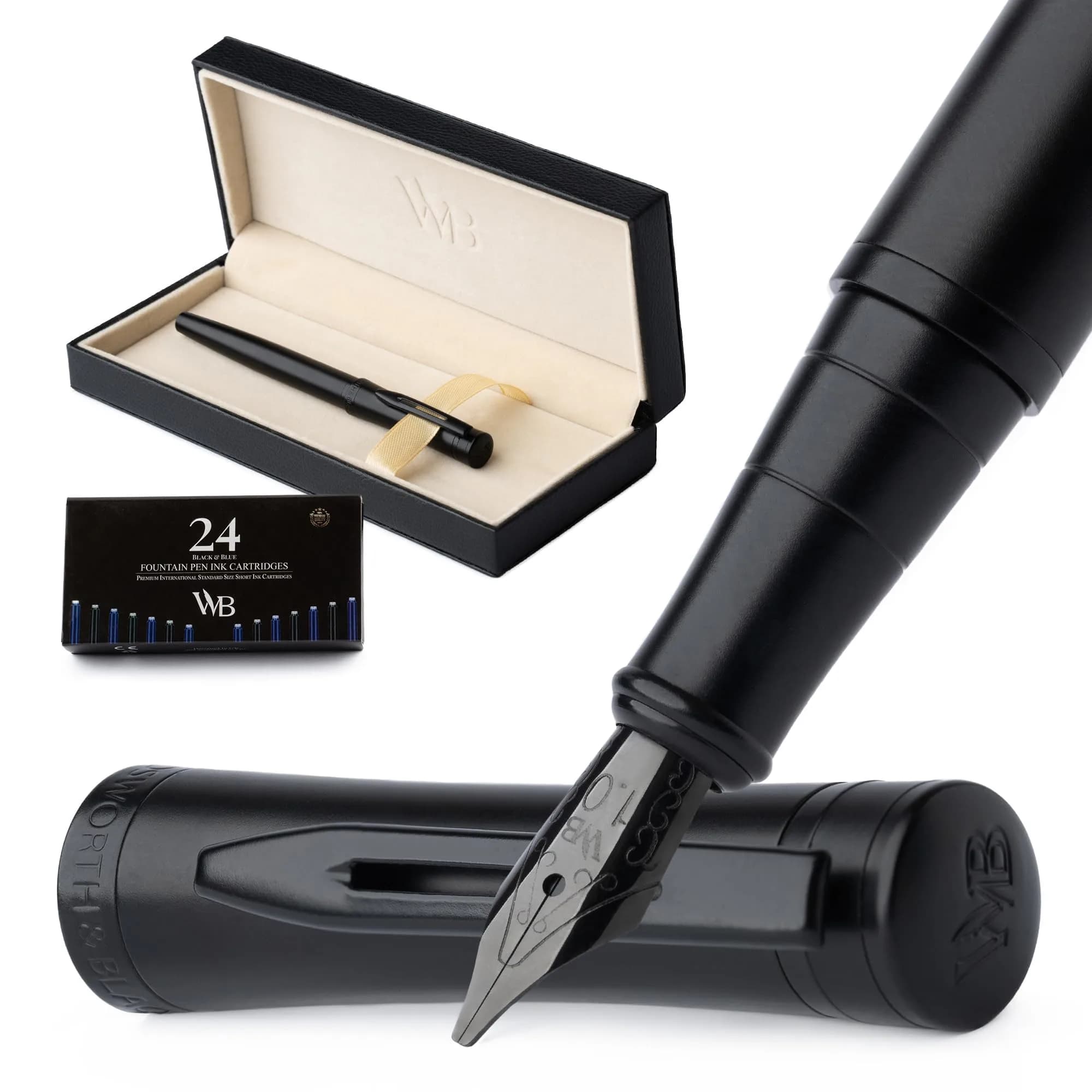 Wordsworth & Black Luxury Fountain Pen Set with Broad Nib | German Iridium Nib, Brass Body, 24 Ink Cartridges - main product image