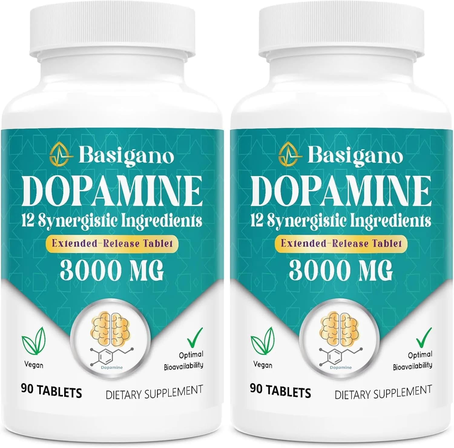 Basigano Dopamine Supplement for Women & Men | Natural Brain Support, Vegan, 90 Count (Pack of 2) — Pack of 2