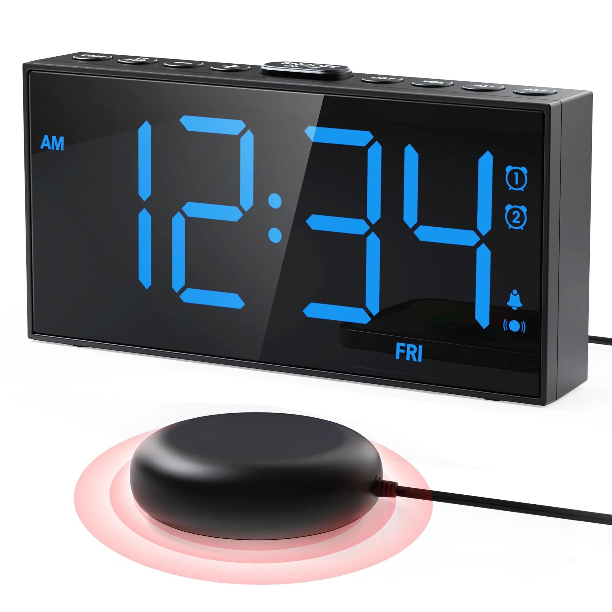 PPLEE Vibrating Alarm Clock with Bed Shaker & USB Charger, 18.7cm (7.5-Inch) Display, Blue — Blue
