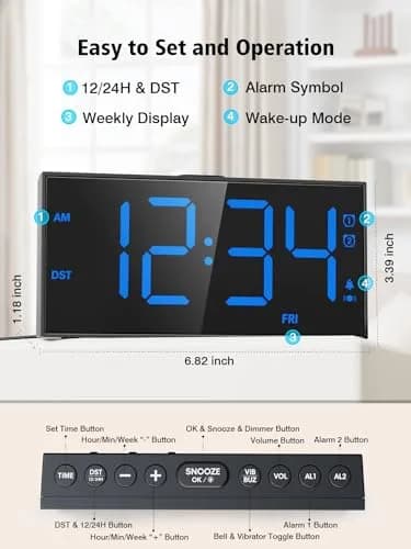 PPLEE Vibrating Alarm Clock with Bed Shaker & USB Charger, 18.7cm (7.5-Inch) Display, Blue thumbnail 5