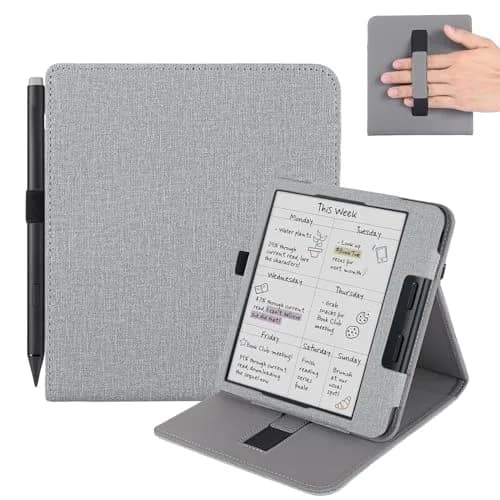 Vakarey Grey PU Leather Case for Kobo Libra Colour & Libra 2 (7-Inch) with Pen Holder & Hand Strap | Auto Sleep Wake thumbnail 1