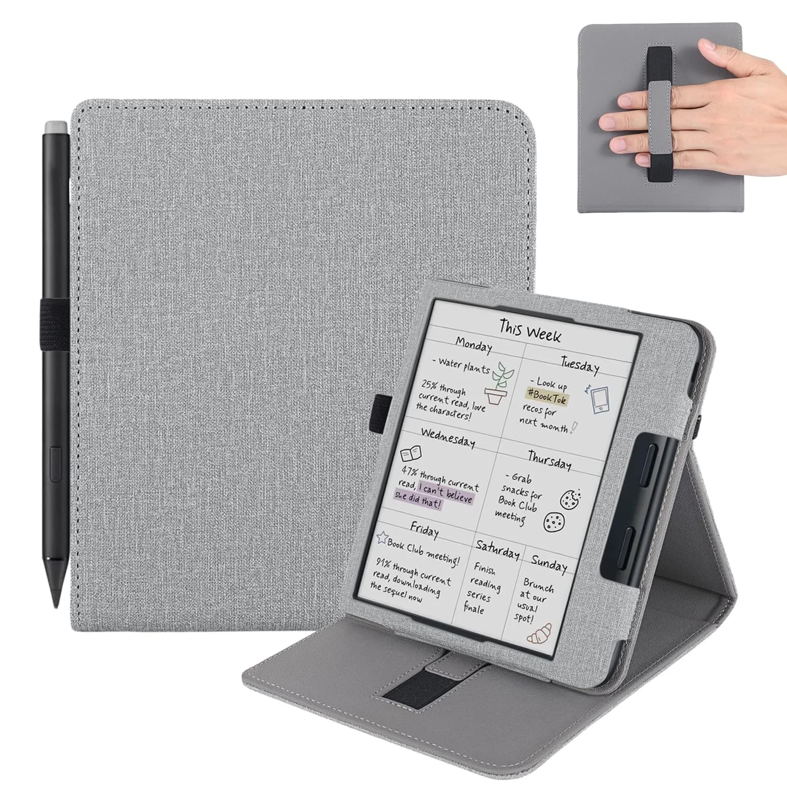 Vakarey Grey PU Leather Case for Kobo Libra Colour & Libra 2 (7-Inch) with Pen Holder & Hand Strap | Auto Sleep Wake