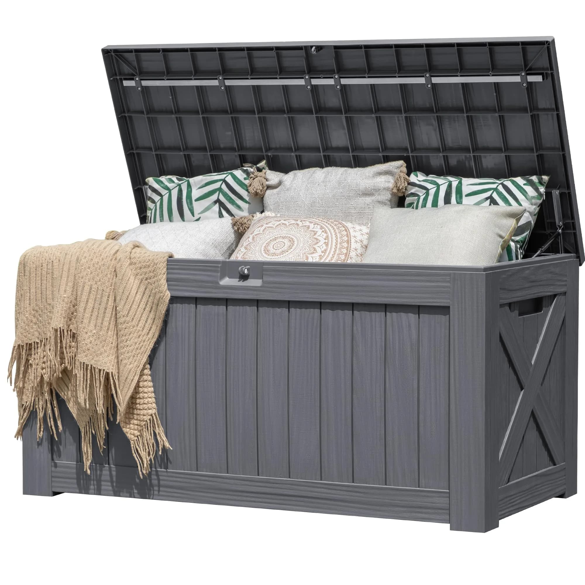 Flamaker 120 Gallon Waterproof Deck Box Large Outdoor Storage with Lockable Lid, Resin Material, 53"L x 25"W x 25"H — Gray