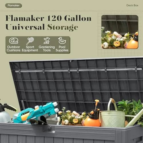 Flamaker 120 Gallon Waterproof Deck Box Large Outdoor Storage with Lockable Lid, Resin Material, 53"L x 25"W x 25"H thumbnail 4