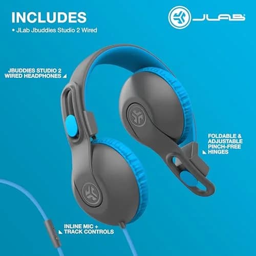 JLab JBuddies Studio 2 On-Ear Kids Wired Headphones | Kid Safe, Volume Limiter, Adjustable, Noise Isolation thumbnail 6