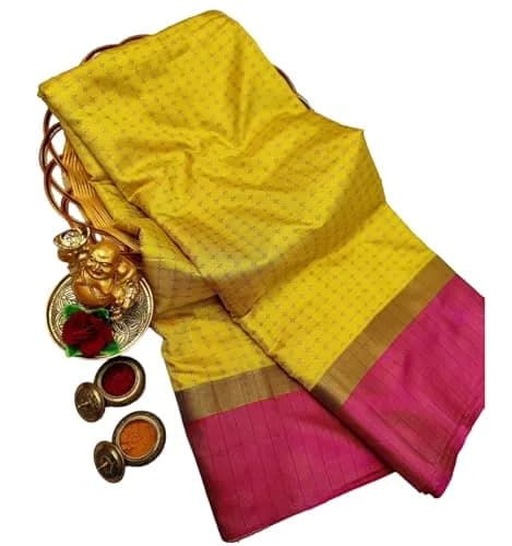 VJ Fashion Women's Soft Silk Saree with Zari Woven Blouse Piece | Gold Checks 5.5 Meter Length thumbnail 1