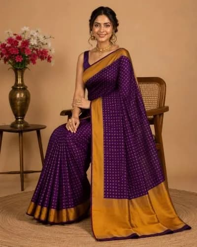 VJ FASHION Women's Soft Silk Saree with Blouse Piece | Purple Checks, 5.5 Meter Saree + 0.8 Meter Blouse thumbnail 5