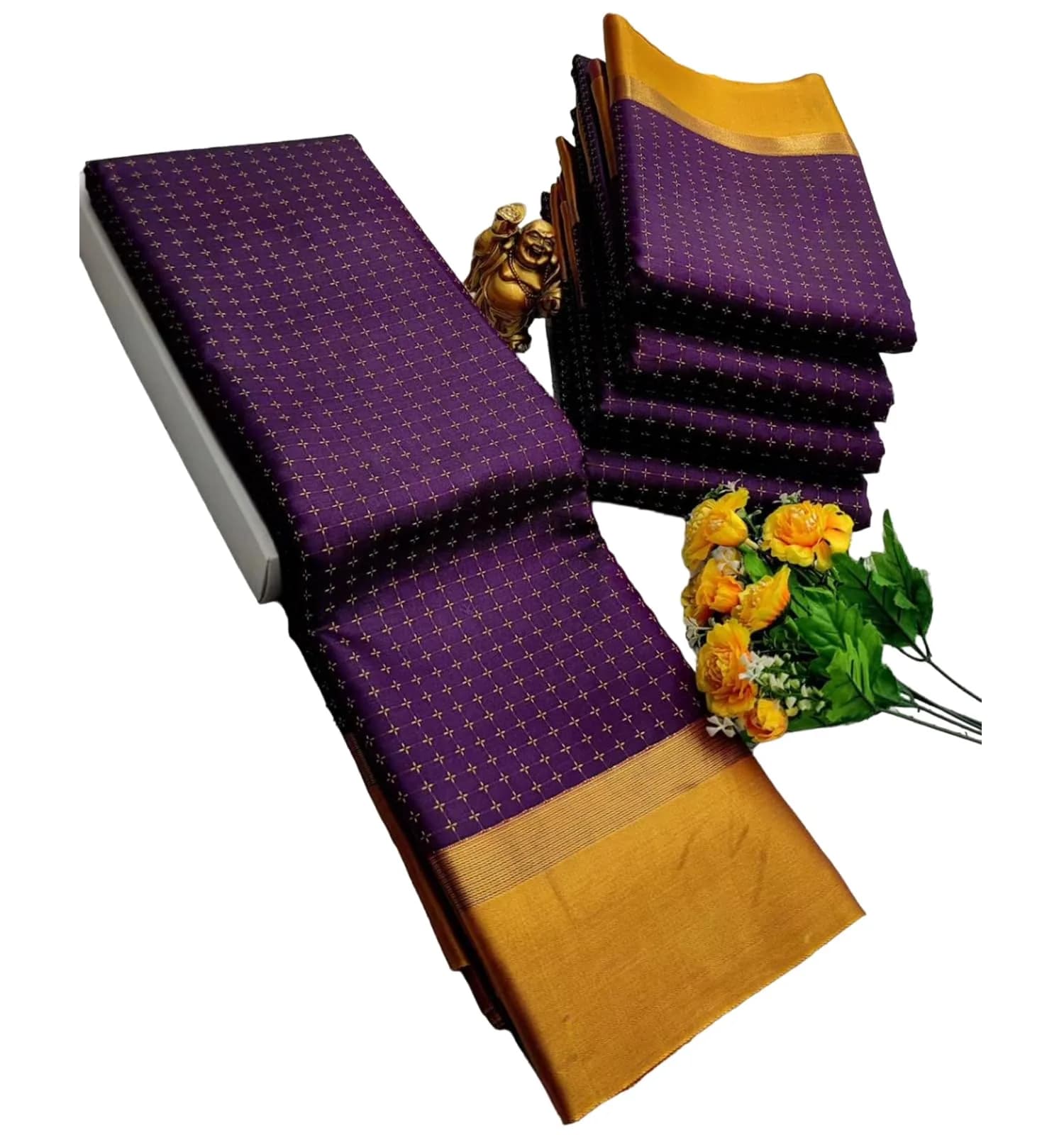 VJ Fashion Women's Soft Silk Saree with Zari Woven Blouse Piece | Gold Checks 5.5 Meter Length — Purple