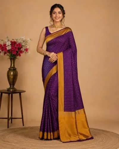 VJ FASHION Women's Soft Silk Saree with Blouse Piece | Purple Checks, 5.5 Meter Saree + 0.8 Meter Blouse thumbnail 2