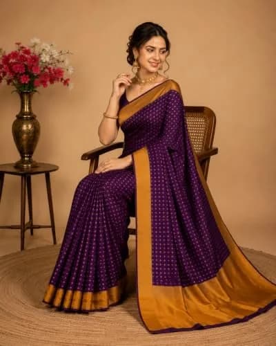 VJ FASHION Women's Soft Silk Saree with Blouse Piece | Purple Checks, 5.5 Meter Saree + 0.8 Meter Blouse thumbnail 4