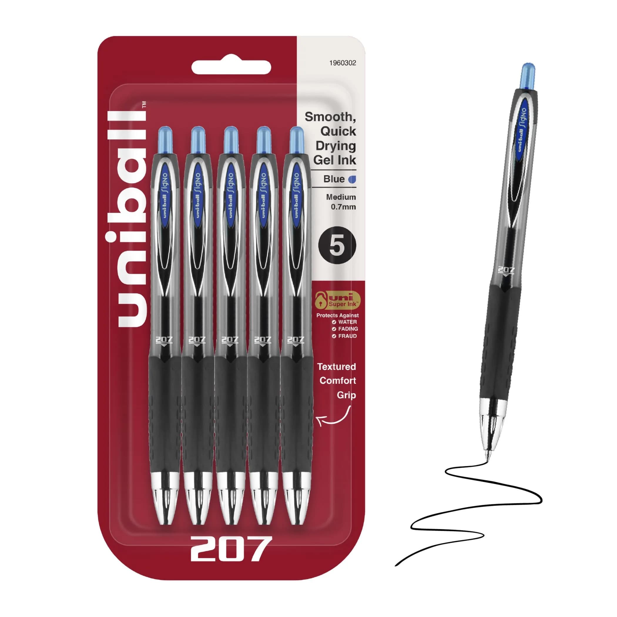 Uni-Ball Signo 207 Retractable Gel Pens, Blue Ink, 0.7mm Medium Point, 5 Count | Smooth Writing, Fraud-Resistant, uni Super Ink™ — Blue