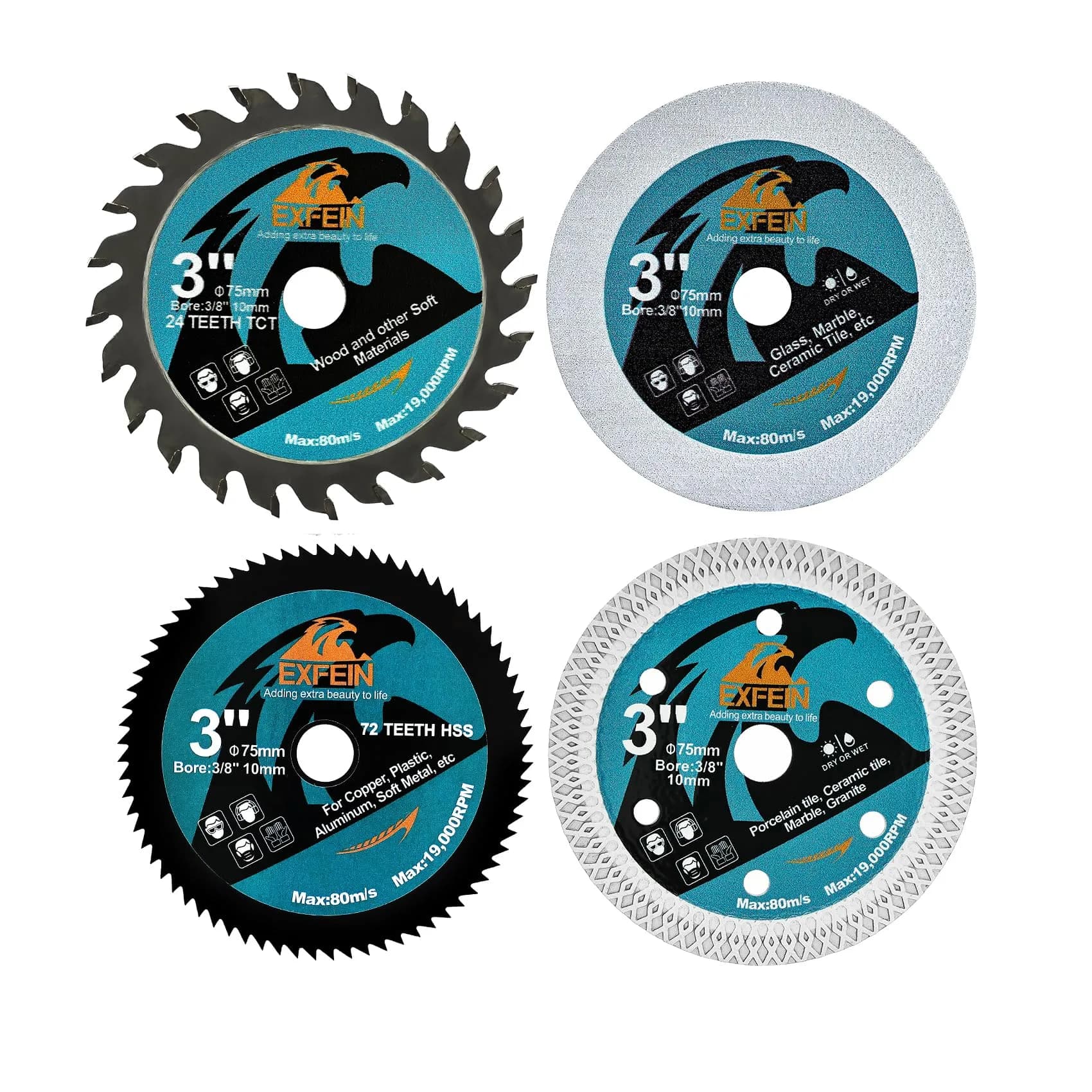 EXFEIN 3 Inch Circular Saw Blade Set 4pcs for Cutting Tile Glass Soft Metal Wood Plastic Diamond Disc | Versatile & Durable - main product image
