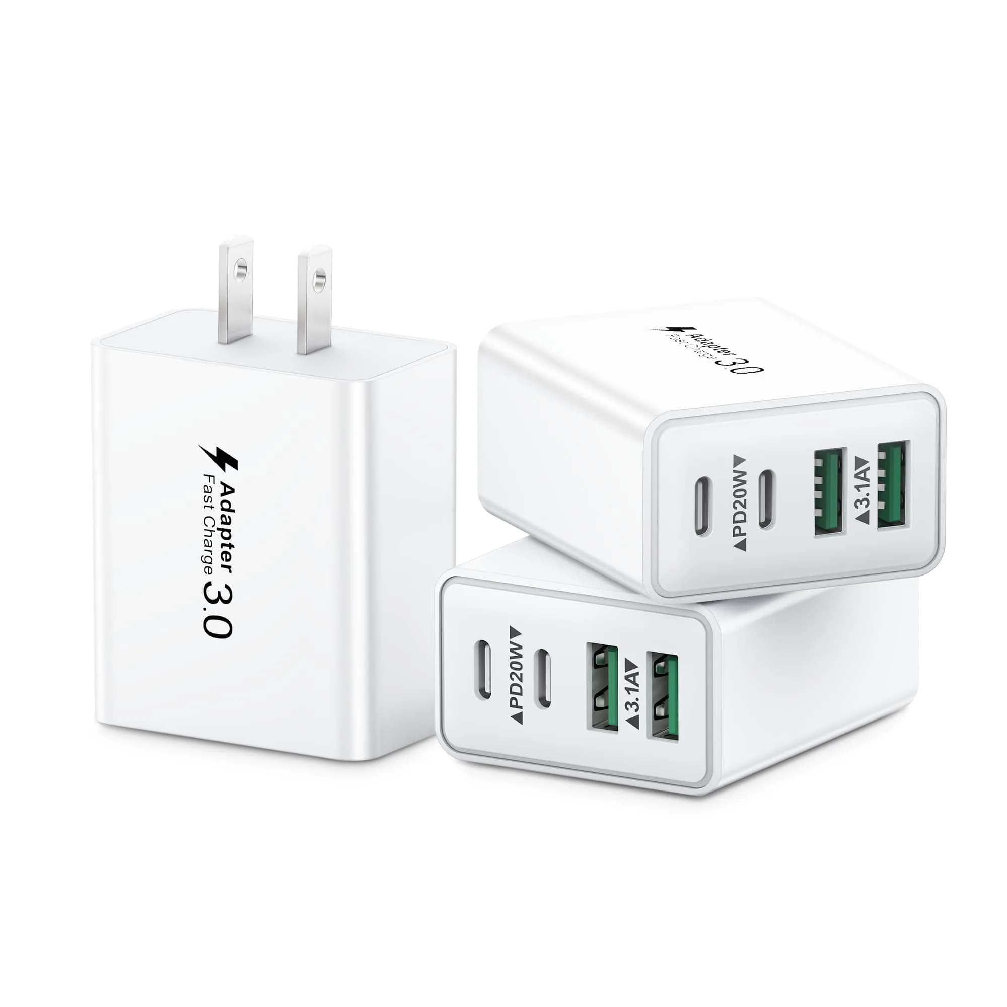 KOUEMGI 3-Pack 40W USB C Charger Block | Fast 4-Port Power Adapter for iPhone & Samsung