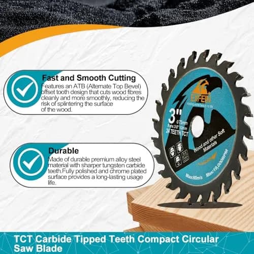 EXFEIN 75mm (3 Inch) 5-Piece Wood Cutting Disc Set with 10mm Arbor | 24T Carbide Tipped Blades for Wood, Plastic, Composites thumbnail 3