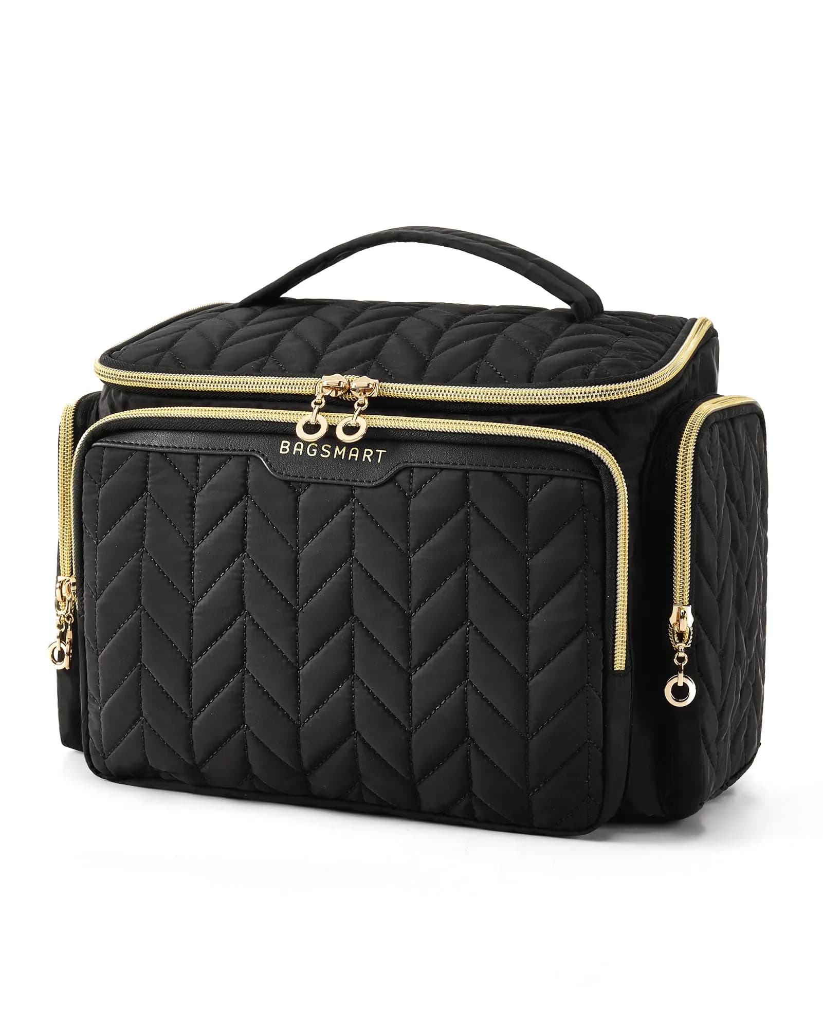 BAGSMART Large Wide-open Travel Toiletry Bag with Handle, Black | Puffy Nylon Fabric, Waterproof Pocket, 6+ Inner Pockets