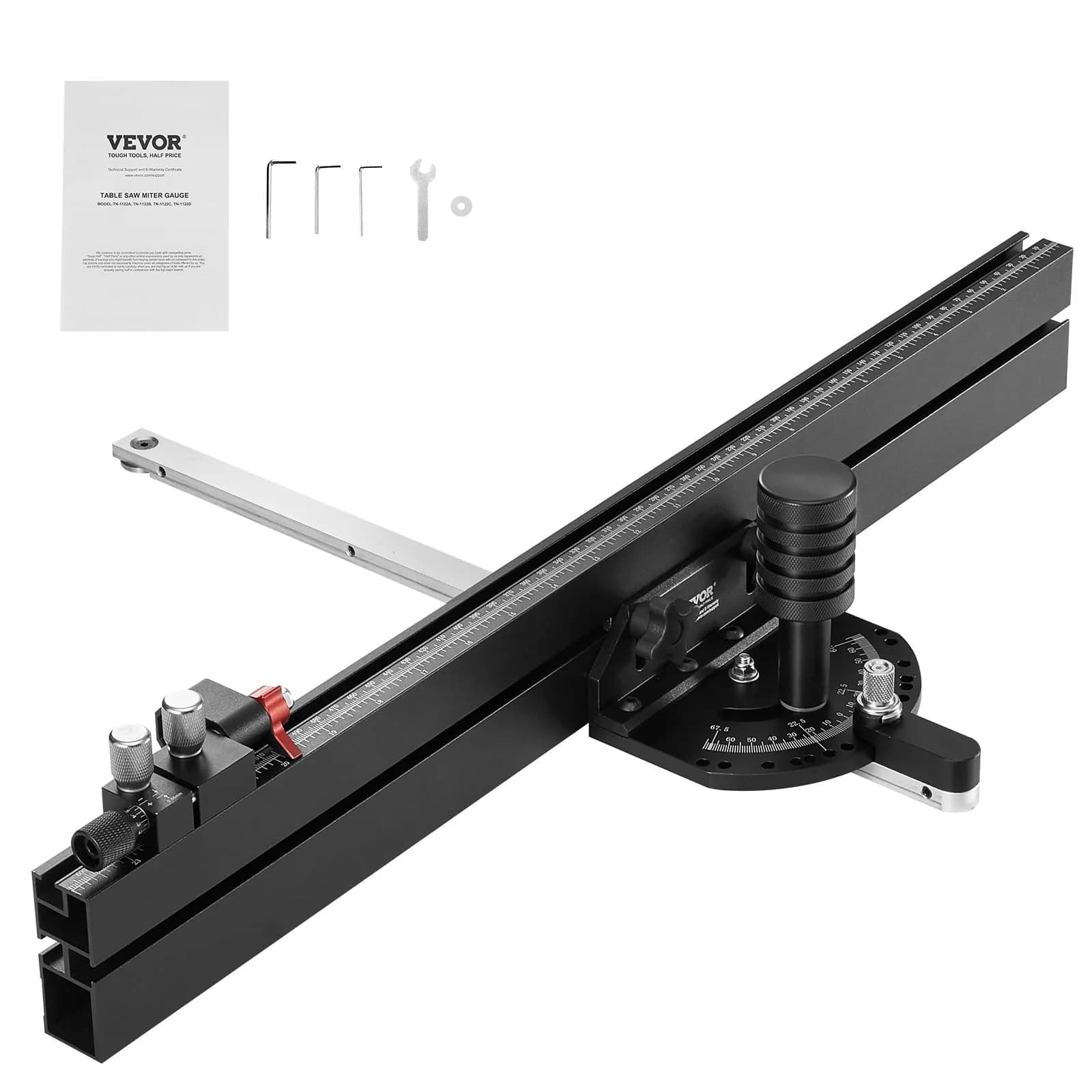 VEVOR Precision Miter Gauge with 24 in Grating & 15 Angle Stops | Standard Slot 3/4'' x 3/8'' Aluminum Alloy for Table Saws — Black