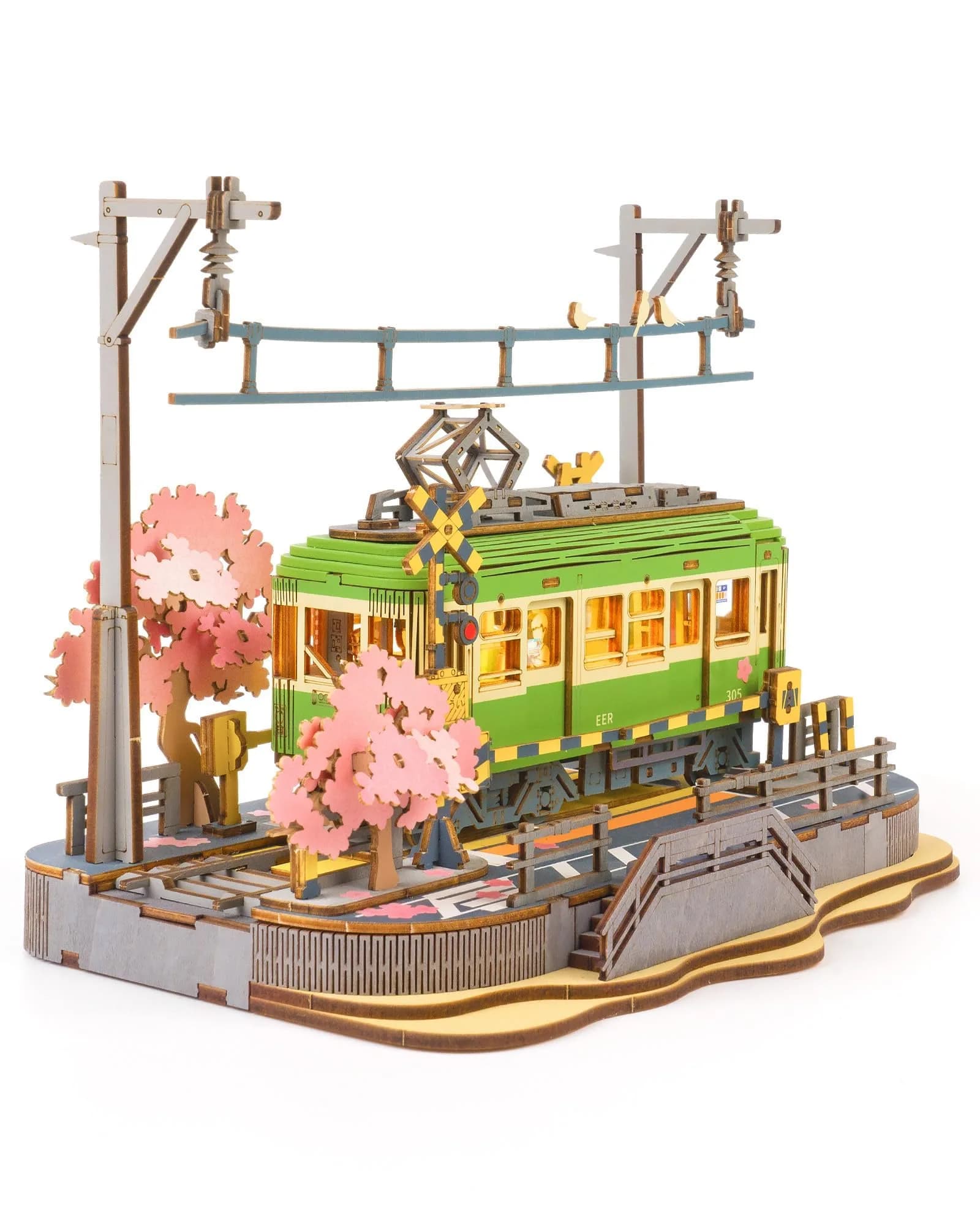 Rolife 3D Wooden Puzzle for Adults, Sakura Journey Tram DIY Model with LED Lights | Creative Home Decor & Brain Teaser — Pink
