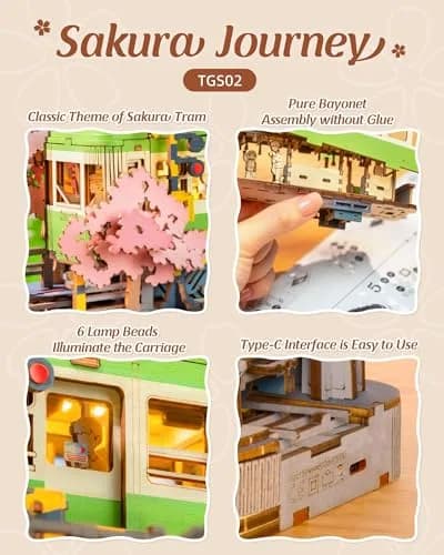 Rolife 3D Wooden Puzzle for Adults, Sakura Journey Tram DIY Model with LED Lights | Creative Home Decor & Brain Teaser thumbnail 5