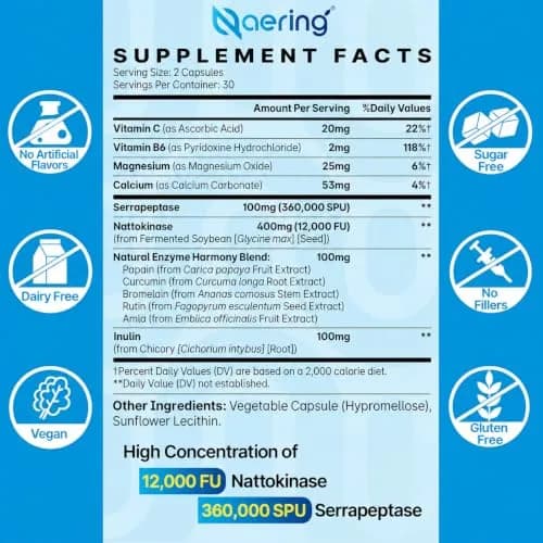 Naering Liposomal Nattokinase 12,000 FU Serrapeptase 360,000 SPU | Vegan, Gluten-Free, 60 Count thumbnail 2