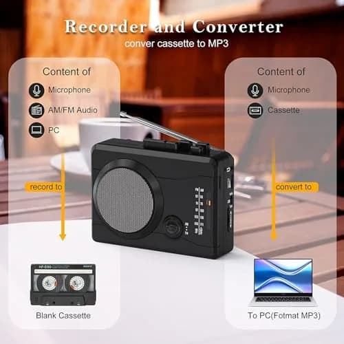 Mersoco Portable Cassette Player Recorder with AM/FM Radio & Tape to MP3 Converter, Black | Built-in Speaker & Belt Clip thumbnail 6