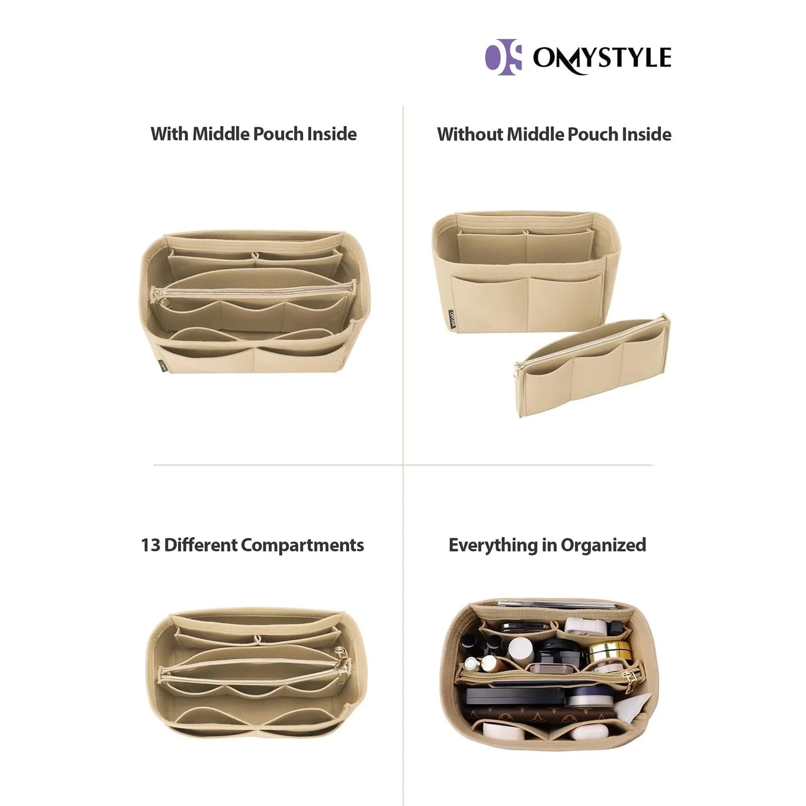OMYSTYLE Beige Slender Medium Felt Tote Bag Organizer Insert with 13 Pockets - view 4