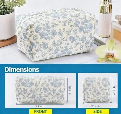 MZLUWM Puffy Coquette Floral Quilted Makeup Bag Large Fashionable Travel Pouch Cute Blue 20cm (7.8" L x 4.7" W x 3.9" H) thumbnail 4
