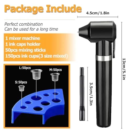 TONBAO Tattoo Ink Mixer Machine Professional Kit with 150 Ink Cups & Holder, 50 Mixing Sticks (Black Mixer, 4.6 x 12.9 cm) thumbnail 2