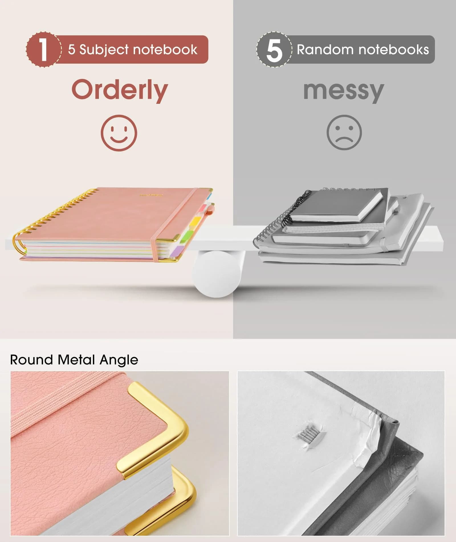 dilitego Hardcover Spiral Notebook - A-Pink, 8"x10", 300 Pages, College Ruled Journal with Removable Dividers for Work & School - view 3