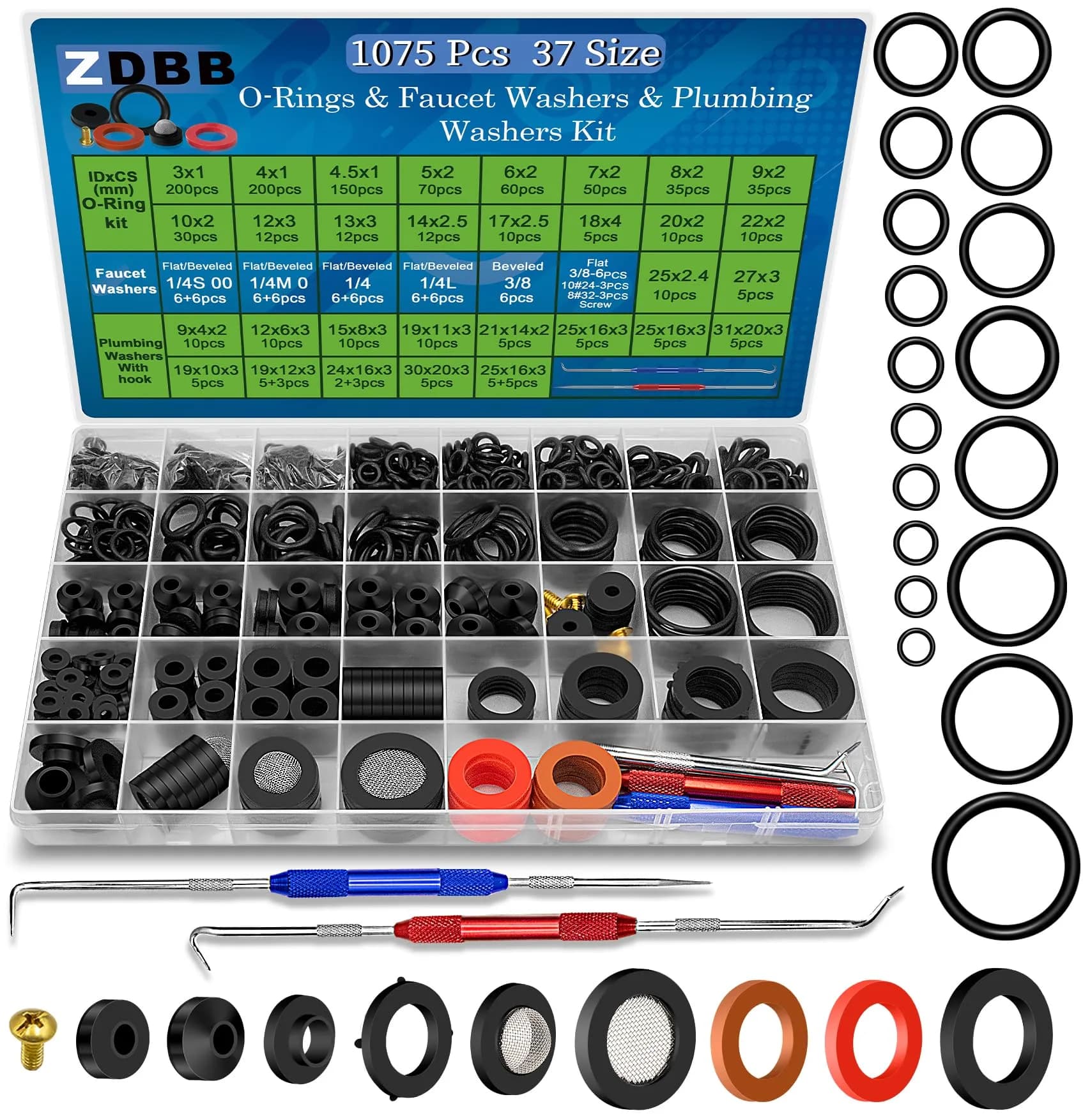 ZDBB 1075 Pcs Rubber Washer & O-Ring Kit | Assorted Sizes for Faucets & Hoses - main product image