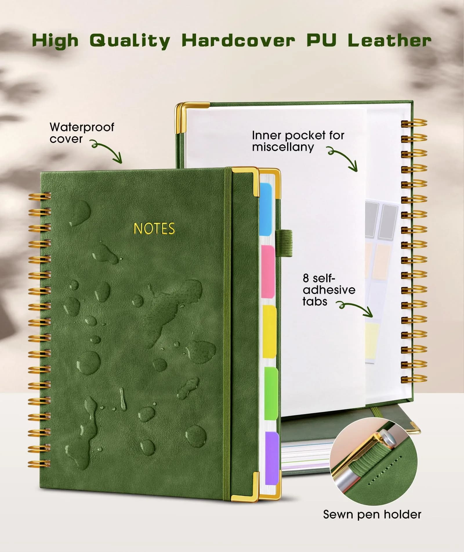 dilitego Leather Spiral Notebook Journal - 8"x10", College Ruled, 300 Pages, Green | Acid-Free Paper - view 2