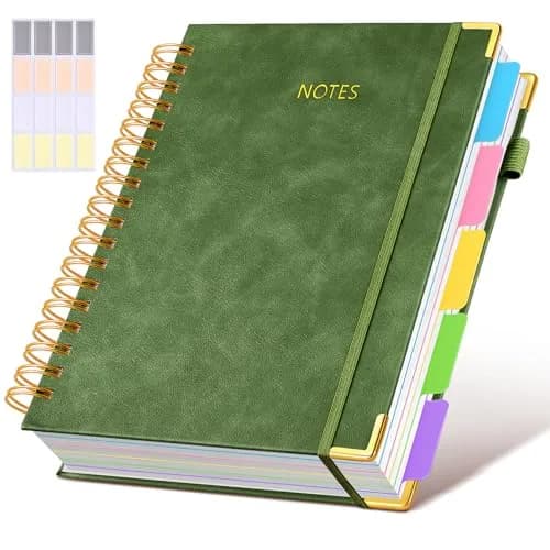dilitego Hardcover Spiral Notebook Journal with Dividers, 300 Pages Leather 5 Subject Notebook, 8"x10" B5, Light Blue — Green / 8"x10"
