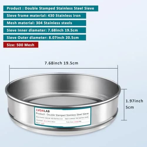 LVDALAB 7.9" (20cm) 304 Stainless Steel Lab Sieve, 500 Mesh (0.0308mm) for Fine Powder Testing thumbnail 2